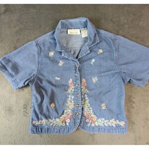 vintage 90's casey & max floral embroidered tie back denim blouse cottage core